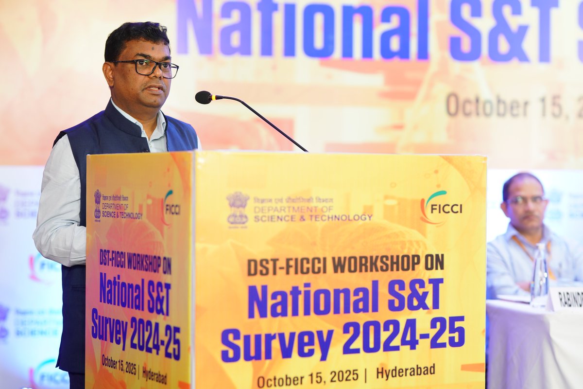 IndiaDST's tweet image. .@IndiaDST–@ficci_india Workshop on National S&amp;amp;T Survey 2024–25 received an overwhelming response from industry &amp;amp; research institutions. 
Dr. Arvind Kumar, Head, NSTMIS @IndiaDST, stressed its vital role in evidence-based policy formulation &amp;amp; strengthening India’s R&amp;amp;D ecosystem.