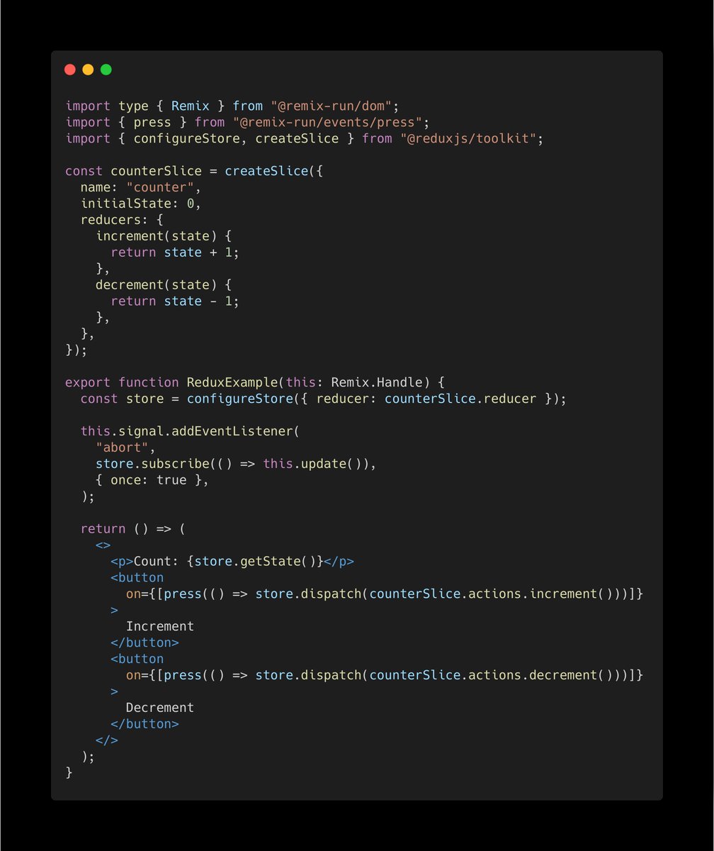 sergiodxa's tweet image. I'm trying different state management libraries, common in React, that have a JS only core and see how they integrate with @remix_run v3.
I started with Redux Toolkit. Super simple and straightforward to setup and use.
Code here: github.com/sergiodxa/remi…