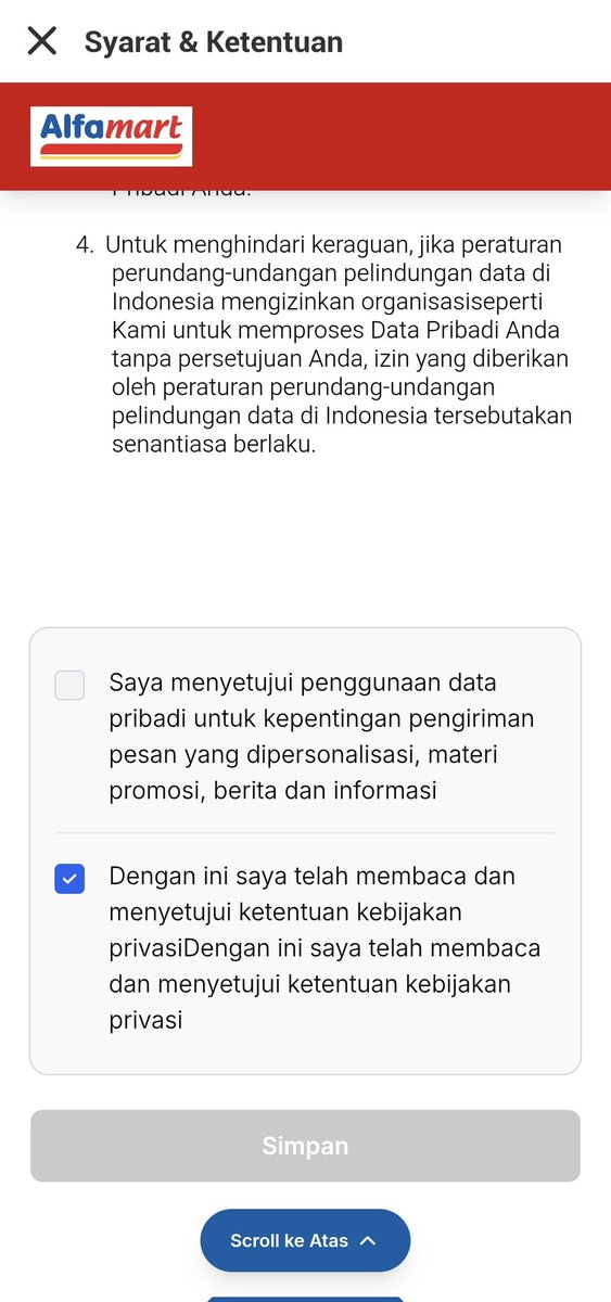 hypergearadvent's tweet image. ini harus banget gw centang supaya lu bisa jual data gw buat kebutuhan promosi? @alfamart
