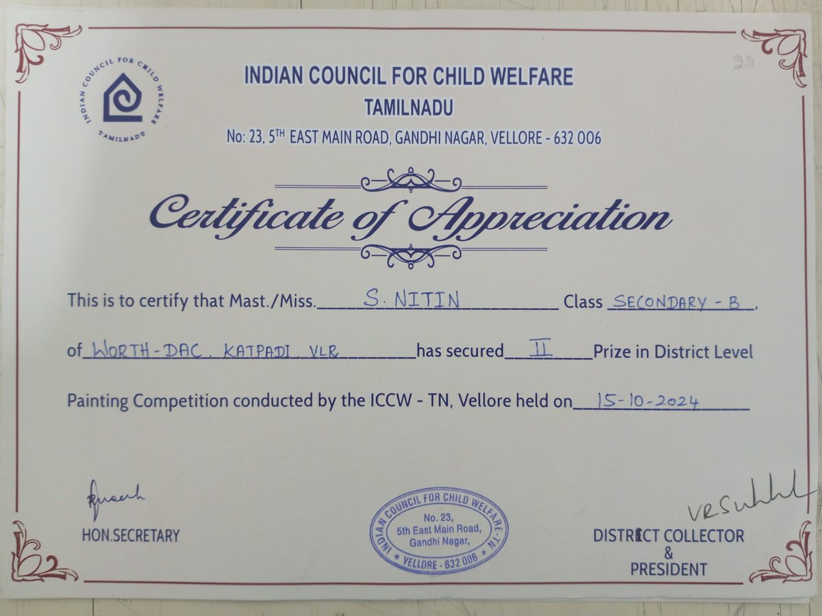 WORTHTrust63's tweet photo. We are happy to inform that our student Master.  NITIN. S, from WORTH DAC (IC) received National Level Second Prize (Memento &amp; Certificate), for the drawing competition conducted by Indian Council for Child Welfare (ICCW) - 2024 Drawing Competition on 15.10.2024. https://t.co/Wd4hckrk1M