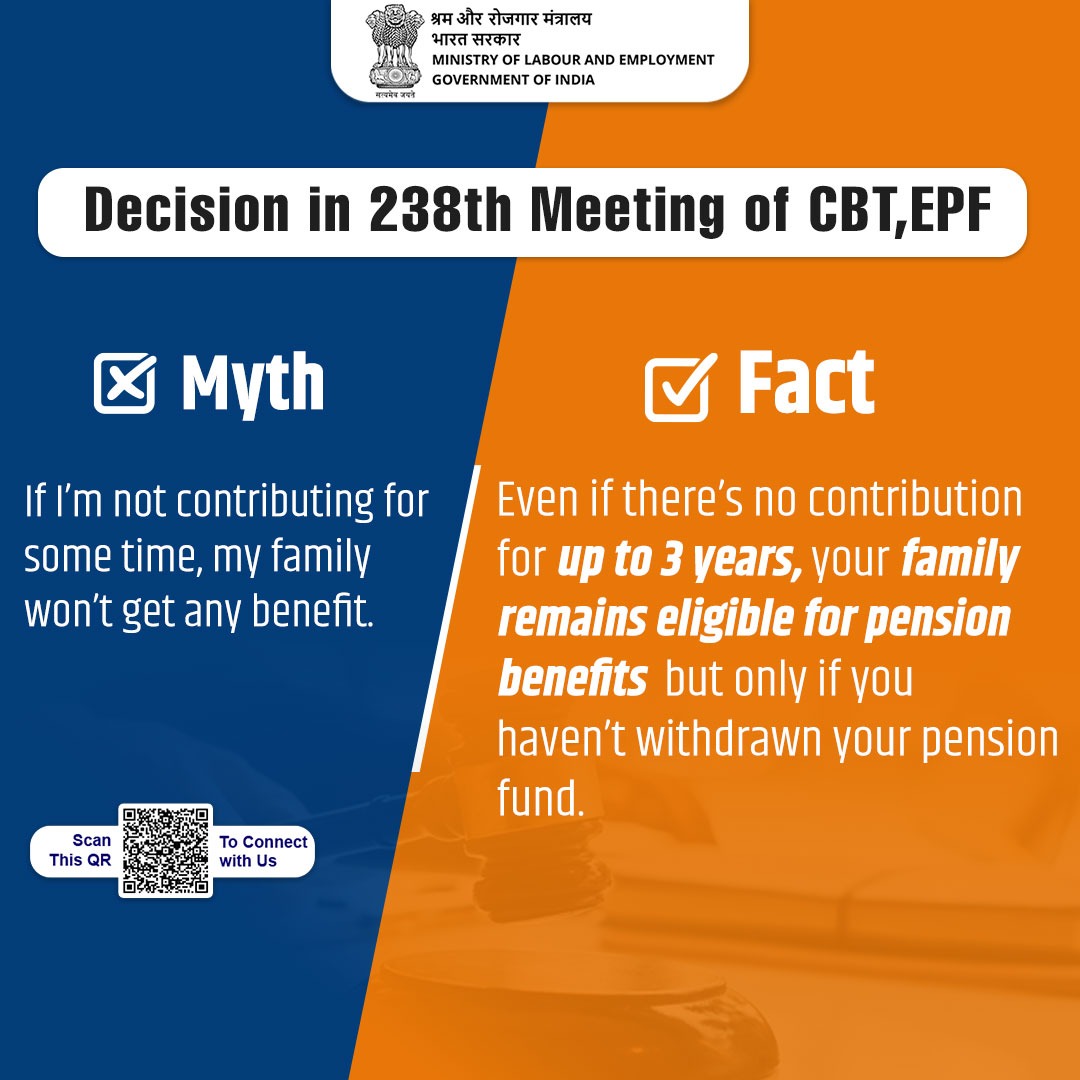 ✅ Myth vs Fact!
Even if there’s no EPF contribution for up to 3 years, your family still remains eligible for pension benefits — as long as you haven’t withdrawn your pension fund.
A key decision from the 238th CBT, EPF Meeting.