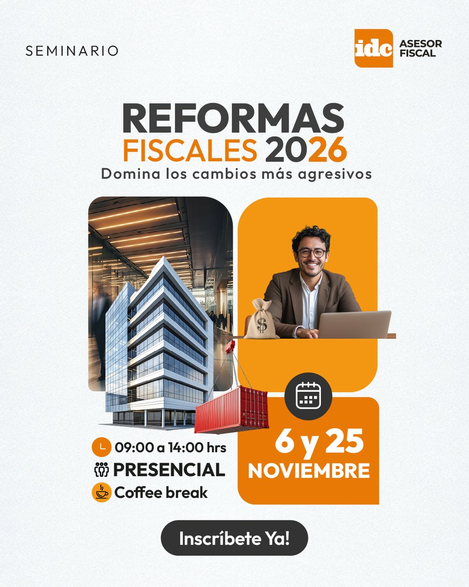 ¡No te pierdas nuestro seminario "Reformas fiscales 2026"!

📅 6 y 25 de noviembre, ⏰ 9:00 a.m. Analizaremos los cambios tributarios más agresivos que impactarán a personas físicas y morales.

¡Domina el 2026!

Adquiérelo aquí: 👉 idconline.mx/seminarios
*Incluye material*