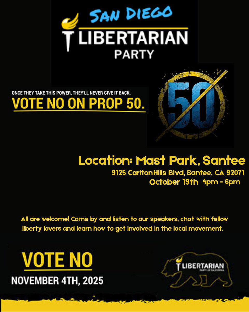 We will be hosting a "No on Prop 50" rally in Santee, October 19th @ 4pm. Booth opens at 1:30pm, closes up at 6pm. Stop by and say hi! 
 meetup.com/libertarian-29… #Meetup via <a href="/Meetup/">Meetup</a>