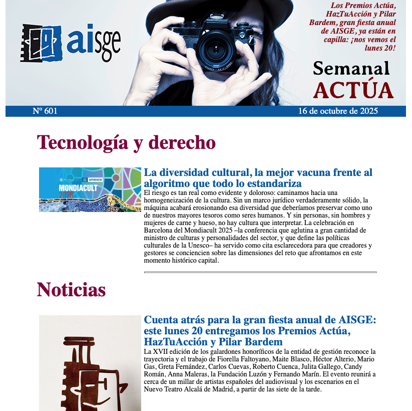 Ya tenemos en circulación nuestro #SemanalActúa, como todo buen jueves que se precie, con las cosas que nos interesan: las líneas de trabajo de la FUNDACIÓN AISGE, desde los #PremiosActúa al homenaje a #FernandoMarín, más Marina Salas, Mariano Ozores, etc

aisge.es/boletines/bole…