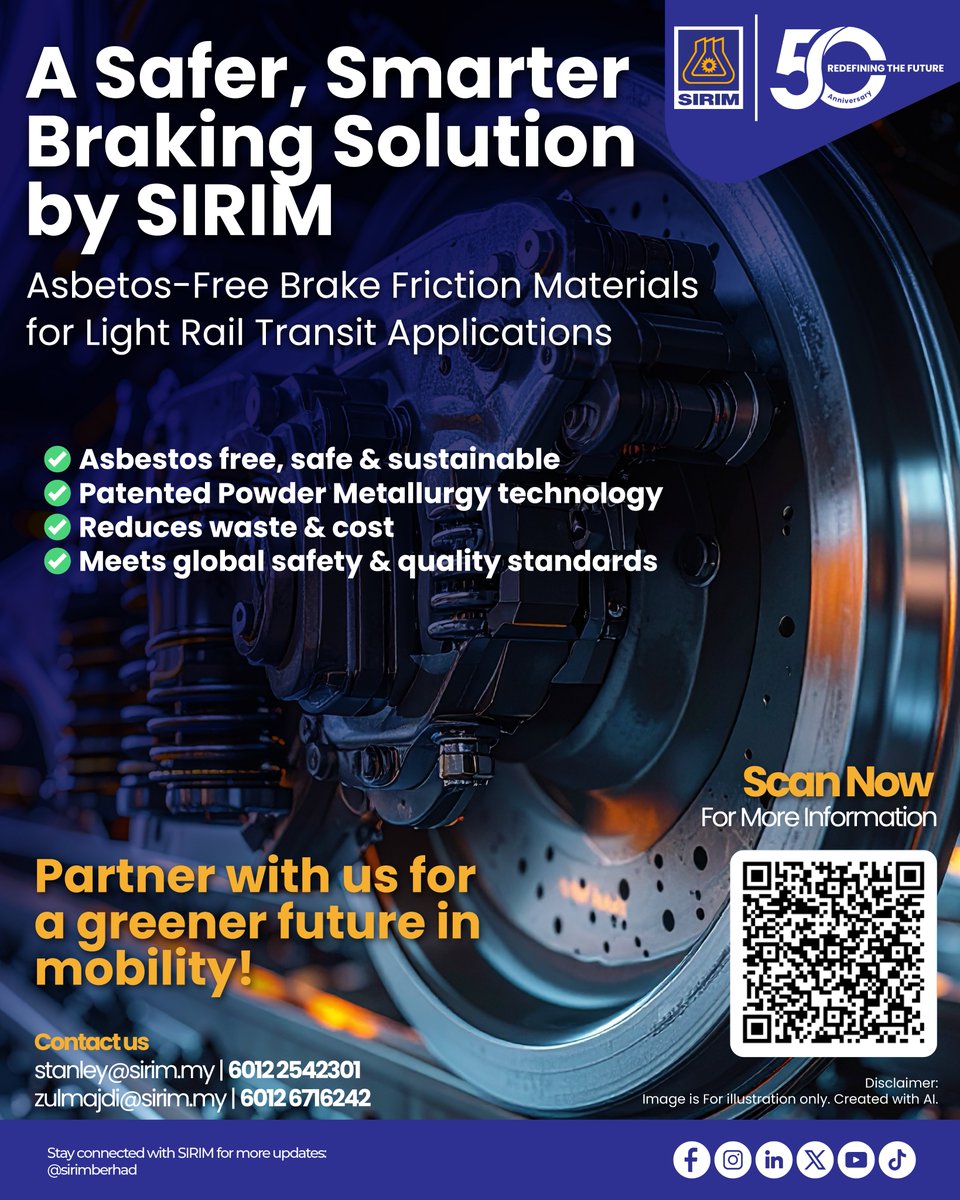 SIRIM introduces asbestos-free brake friction materials for LRT and heavy-duty vehicles, developed using Powder Metallurgy for safer, sustainable and high-performance solutions. For inquiries, please contact:

📧 stanley@sirim.my
📧 zulmajdi@sirim.my

#SIRIM #AsbestosFree