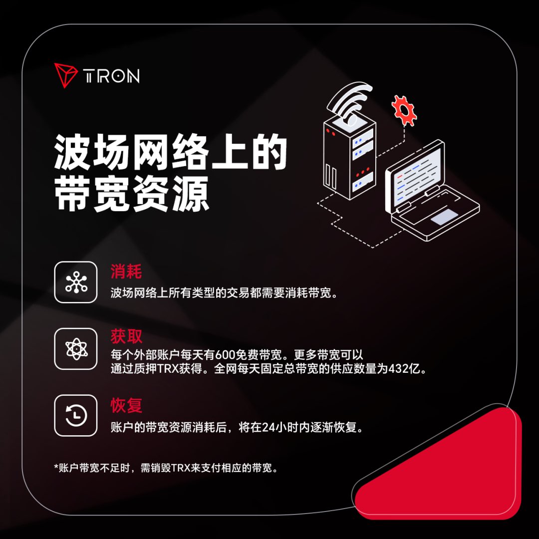 在 TRON（波场）网络 中，能量（Energy） 和 宽带（Bandwidth） 是两种核心资源，用于支持链上操作。

它们可以通过以下两种方式获取：

1.冻结（Stake）TRX：

•将 TRX 冻结后，可以选择获取「能量」或「宽带」。
•冻结的 TRX 在锁定期间无法转账，但可以随时解冻取回。