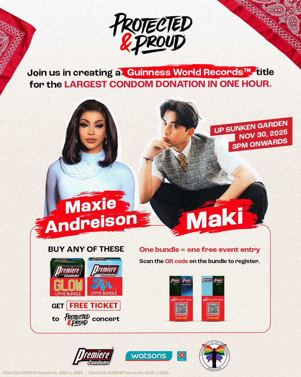 This isn’t your ordinary concert, folks! 🔥

We’re going for a GUINNESS WORLD RECORDS™ title for the Largest Condom Donation in one hour—featuring Drag Race Philippines S3 Winner <a href="/maxieandreison/">Maxie Andreison</a> and one of the most sought after OPM artists of this generation, <a href="/clfrnia_maki/">Maki *ੈ✩‧₊˚</a>, in a