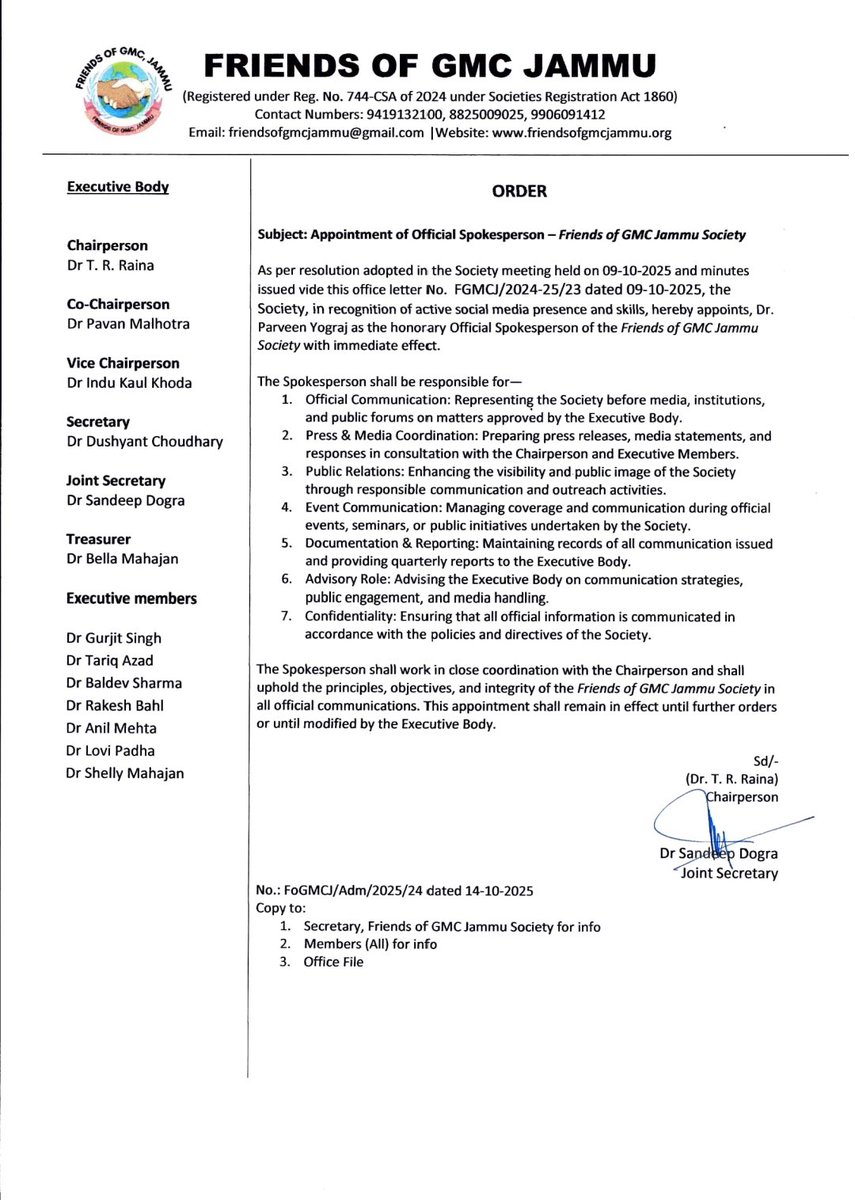 𝗚𝗿𝗮𝘁𝗲𝗳𝘂𝗹 𝗔𝗰𝗸𝗻𝗼𝘄𝗹𝗲𝗱𝗴𝗺𝗲𝗻𝘁 𝘁𝗼 𝗙𝗿𝗶𝗲𝗻𝗱𝘀 𝗼𝗳 𝗚𝗠𝗖 𝗝𝗮𝗺𝗺𝘂 
I feel deeply honored and grateful to the #FriendsOfGMCJammu fraternity for nominating me as the Official Spokesperson of this vibrant and socially active group of alumni, dedicated to