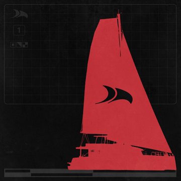 First image displays a dark grid background with red sailboat silhouette and text overlays including project title En attendant Offshore Vol.1, track Mauvais opps produced by Thayboy and Gitarayka, track Nemo G, and track Maison Hantée produced by Achille G, all in bold fonts with nautical elements like sails. Second image shows a close-up of a tall red sail with a bird-like emblem on a black grid background, emphasizing the sail structure and boat base in a minimalist style.