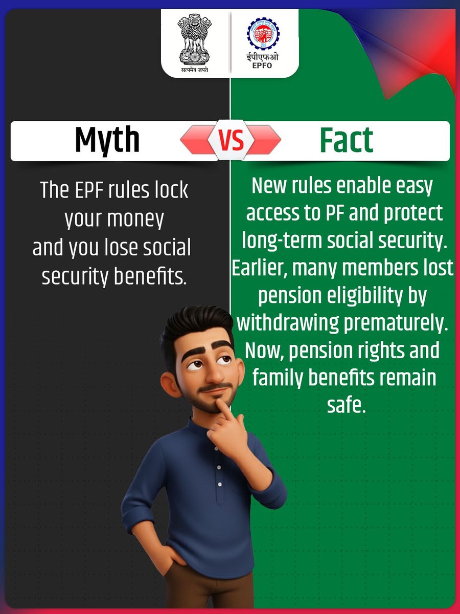 Don’t fall for myths! 🚫

The new EPF rules aren’t locking your money, they’re protecting your future.

These rules make it easier to access your PF while safeguarding your long-term social security. Earlier, many members lost their pension eligibility by withdrawing prematurely.