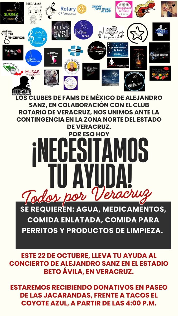 Los clubes de FAMS de <a href="/AlejandroSanz/">Alejandro Sanz</a> en México, en colaboración con el Club Rotario Veracruz, nos unimos para enviar ayuda a las familias afectadas en el norte de Veracruz.

🤍 Cada aportación, por pequeña que sea, puede hacer una gran diferencia.
<a href="/LFdCesmas/">LaFuerzadelCorazón</a>