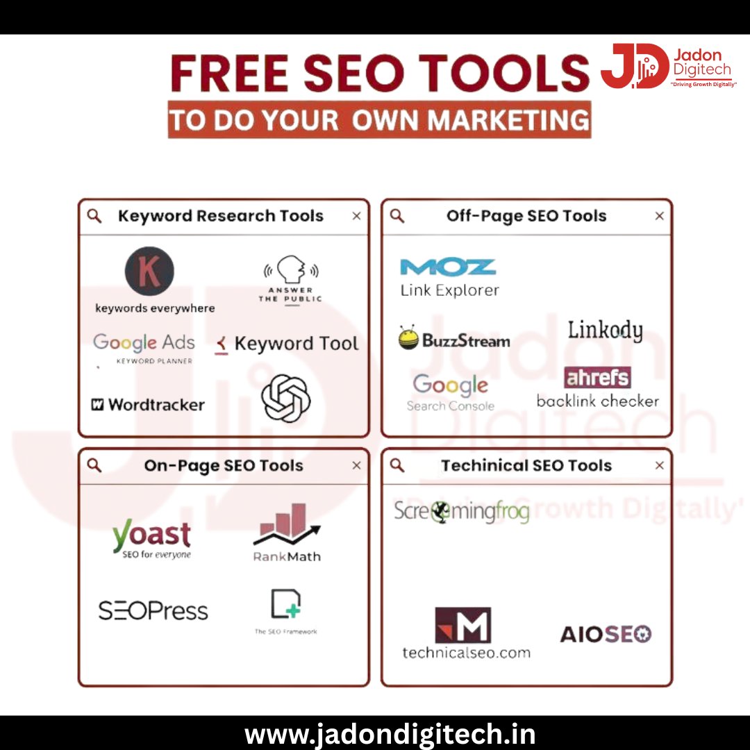 JadonDigitech's tweet image. 🚀 Boost Your Website’s Ranking — For FREE!
You don’t need a big budget to master SEO. These free SEO tools can help you research keywords, optimize your content, and build backlinks like a pro 💻✨#SEOTools #DigitalMarketing #KeywordResearch #OnPageSEO #OffPageSEO #TechnicalSEO