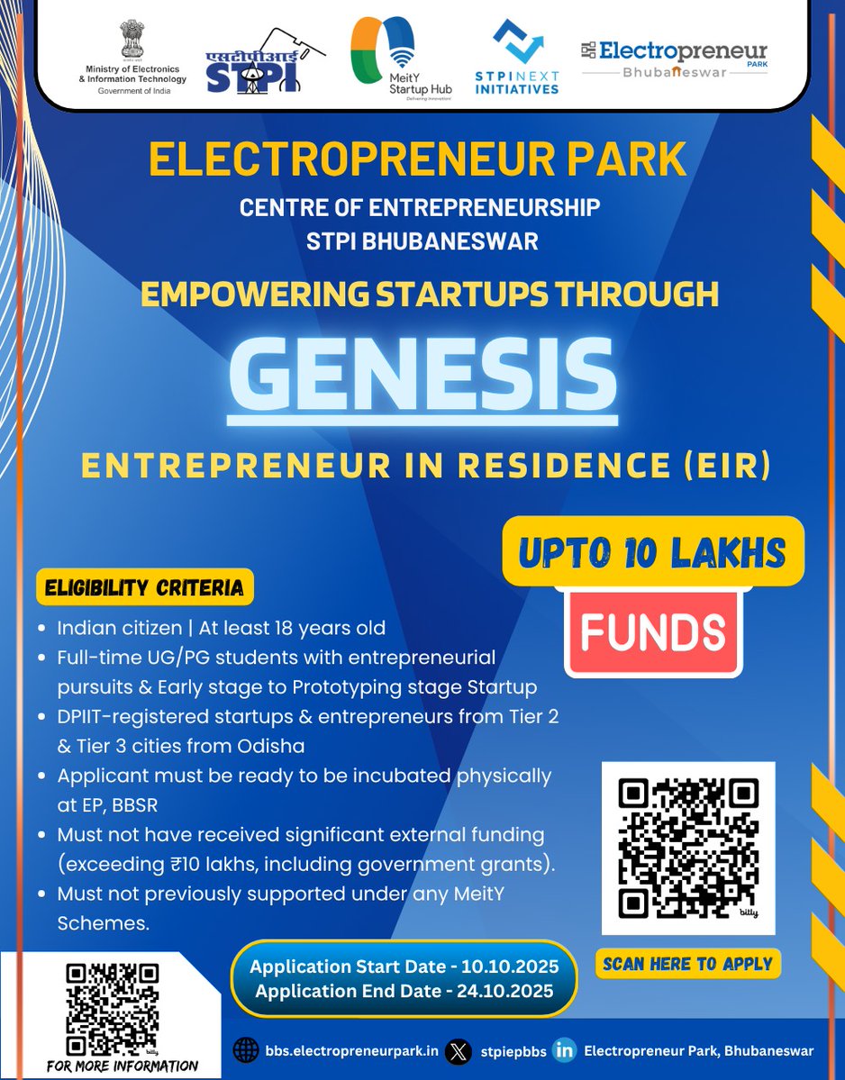 stpiepbbs's tweet image. Empowering Startups through GENESIS!
Are you a passionate innovator or entrepreneur ready to turn your idea into a real business?
@stpiepbbs invites applications for the Entrepreneur in Residence (EIR) program.
Apply now - bit.ly/GEN_EiR
Application Open: 10 Oct 2025