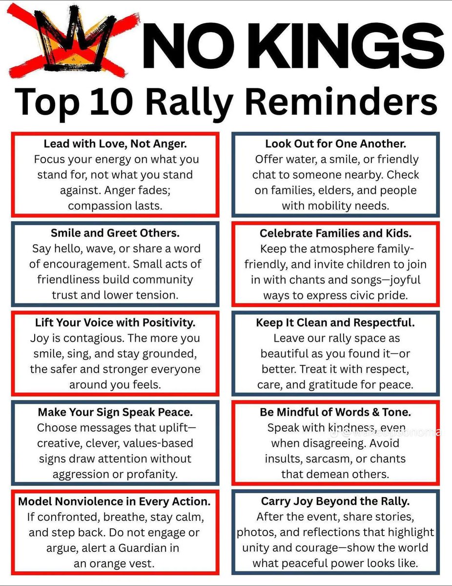 Great advice!
Remember, we will be representing what Americans should be!

#NoKingsDayOct18th #NoHateZone