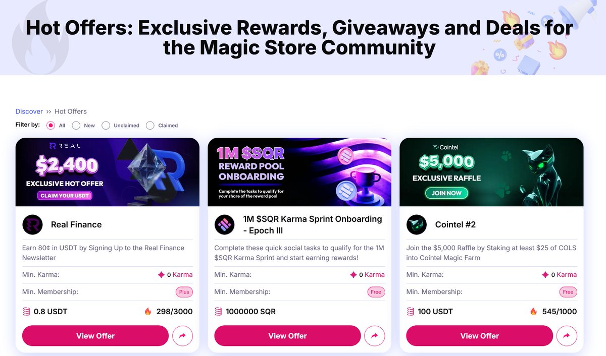 My favorite feature at <a href="/MagicSquareio/">Magic Square</a> is its Hot Offers. Besides getting to know new projects and finding new hidden gems it also pays rewards in $SQR, sometimes just by performing easy social media tasks as in <a href="/RealFinOfficial/">Real</a>'s Hot Offer right now.

magicsquare.io/store/hot-offe…