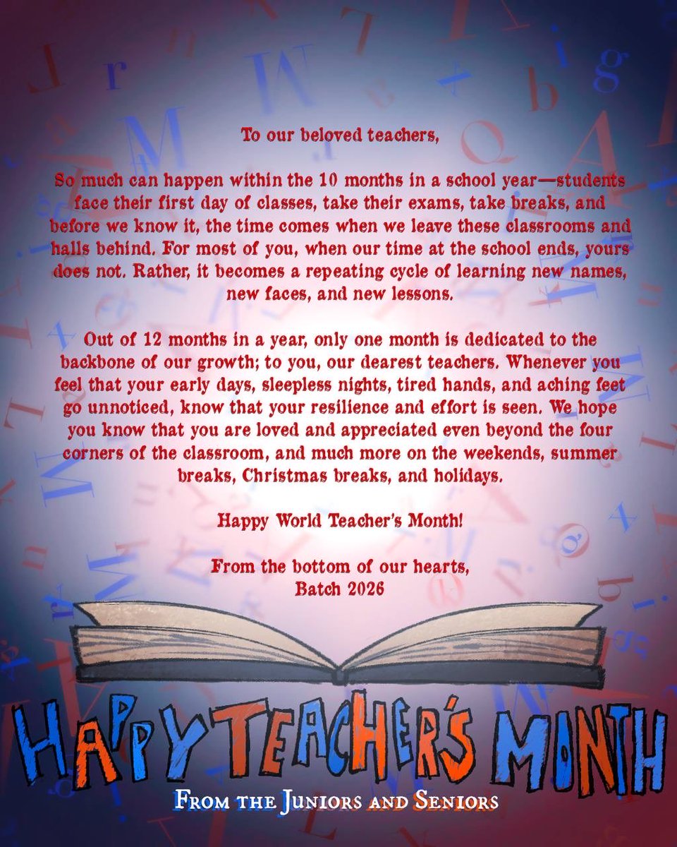 SPCPSCT's tweet image. To our pillars and motivators,

With love, the Juniors and Seniors. 💙❤️

#WTMagic #T25CHERS

🎨: Rafaelle Torres
🖊️: Mische Manlimos