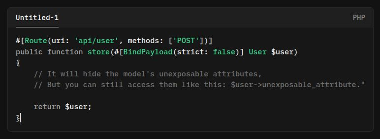 dopparframework's tweet image. In Doppar, #[BindPayload] attribute atomically binds incoming request payloads to your model’s attributes. 
#doppar #phpframework #release_on_december_1