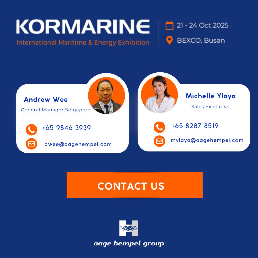 We’re heading to #KORMARINE2025 in Busan! 
Meet Michelle Ylaya and Andrew Wee from <a href="/aagehempel/">Aage Hempel Group</a>  to discuss how we support fleets with trusted marine electronics &amp; service.
