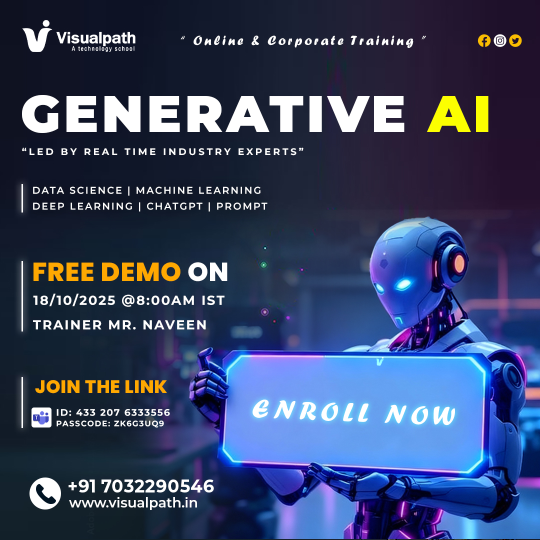 VisualpathPro's tweet image. 🚀 𝗙𝗿𝗲𝗲 𝗢𝗻𝗹𝗶𝗻𝗲 𝗗𝗲𝗺𝗼: 𝗚𝗲𝗻𝗲𝗿𝗮𝘁𝗶𝘃𝗲 𝗔𝗜 𝗧𝗿𝗮𝗶𝗻𝗶𝗻𝗴 🚀
📅 Date: 18/10/2025 🕗 Time: 8:00 AM IST
💻 Join Here: bit.ly/4nWCx1B
🔑 Meeting ID: 433 207 6333556 | Passcode: zk6g3Uq9
📞 𝗖𝗮𝗹𝗹/𝗪𝗵𝗮𝘁𝘀𝗔𝗽𝗽: wa.me/c/917032290546
#GenerativeAI