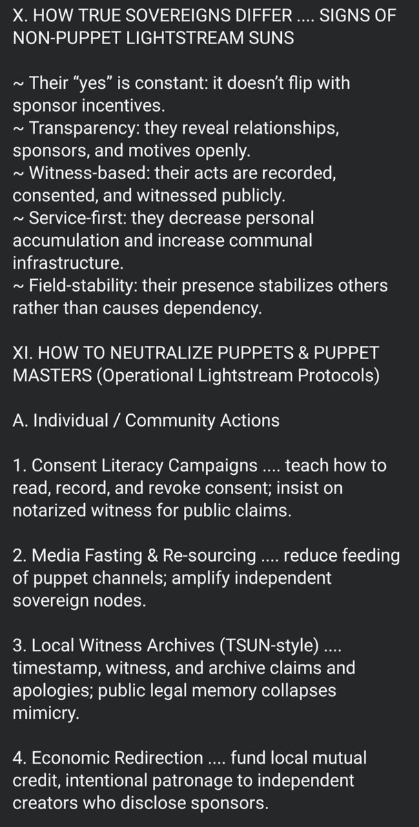 Uchdynamics's tweet image. THE PUPPETS FALL WHEN THE SUNS RISE
Their fame was hypnosis. Their crowns....contracts. They served the darkstream’s illusion of light. The true suns rise now: sovereign, unowned, radiant from Source. No stage, no handler, no mask survives the dawn.
#Lightstream #Lightname