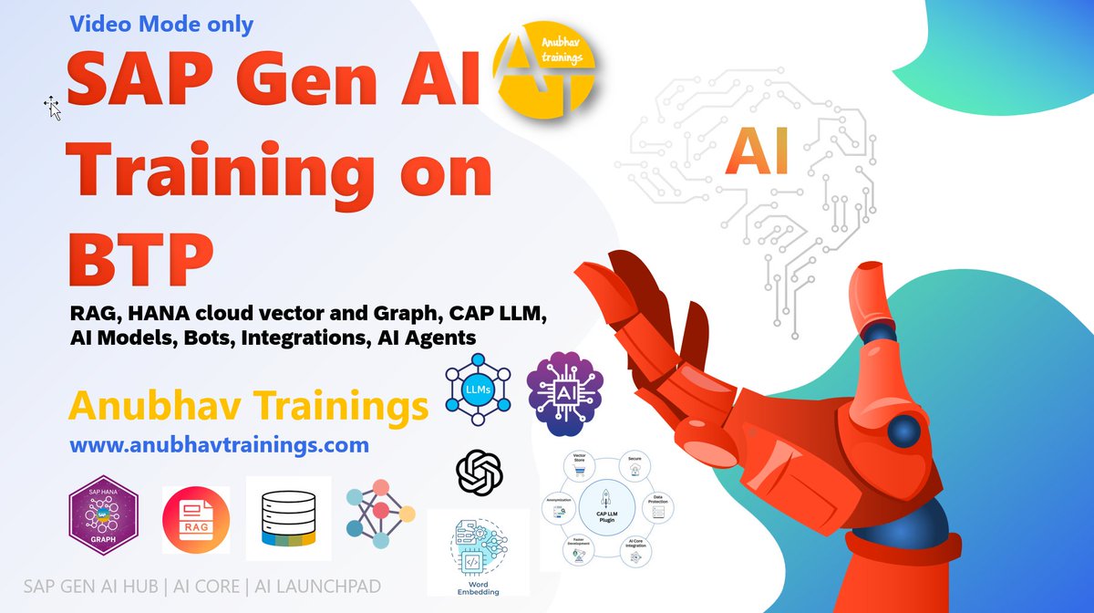 Awasthi1Vedika's tweet image. 🚀 Master the Future with SAP Gen AI Training on BTP! 
#sapbtpgenai, #sapai, #sapgenerativeai, #aitrainingsap, #sapaitutorial, #btpai, #aicore, #ailaunchpad
Mail us at contact@anubhavtrainings.com
Website: anubhavtrainings.com
Phone No: +918448454549