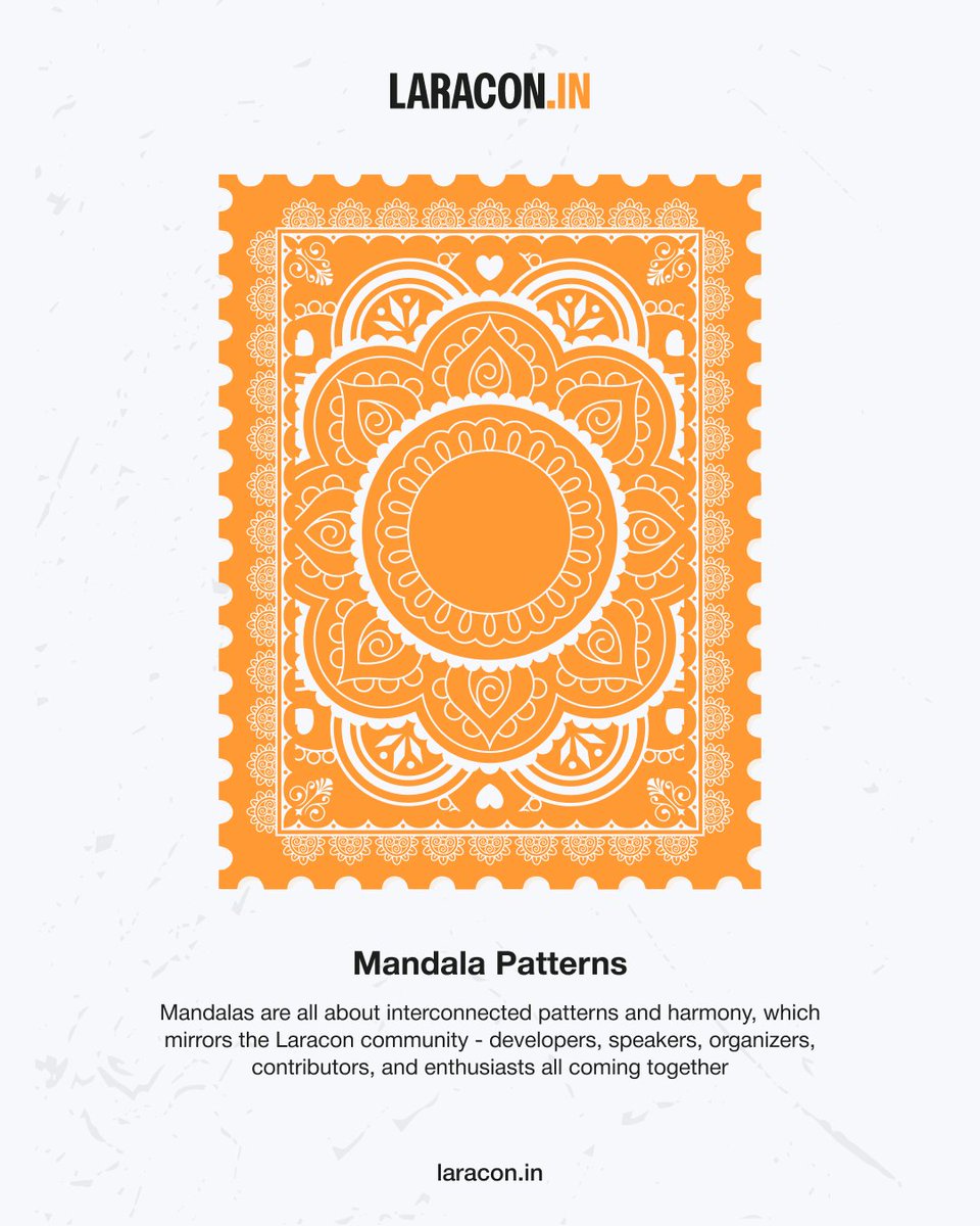 LaraconIN's tweet image. Our design elements pay homage to India’s rich heritage while embracing #Laravel's innovation. Explore this carousel to see how symbols like postal stamps, mandalas, and elephants take on new meaning, reflecting our vibrant community and future.