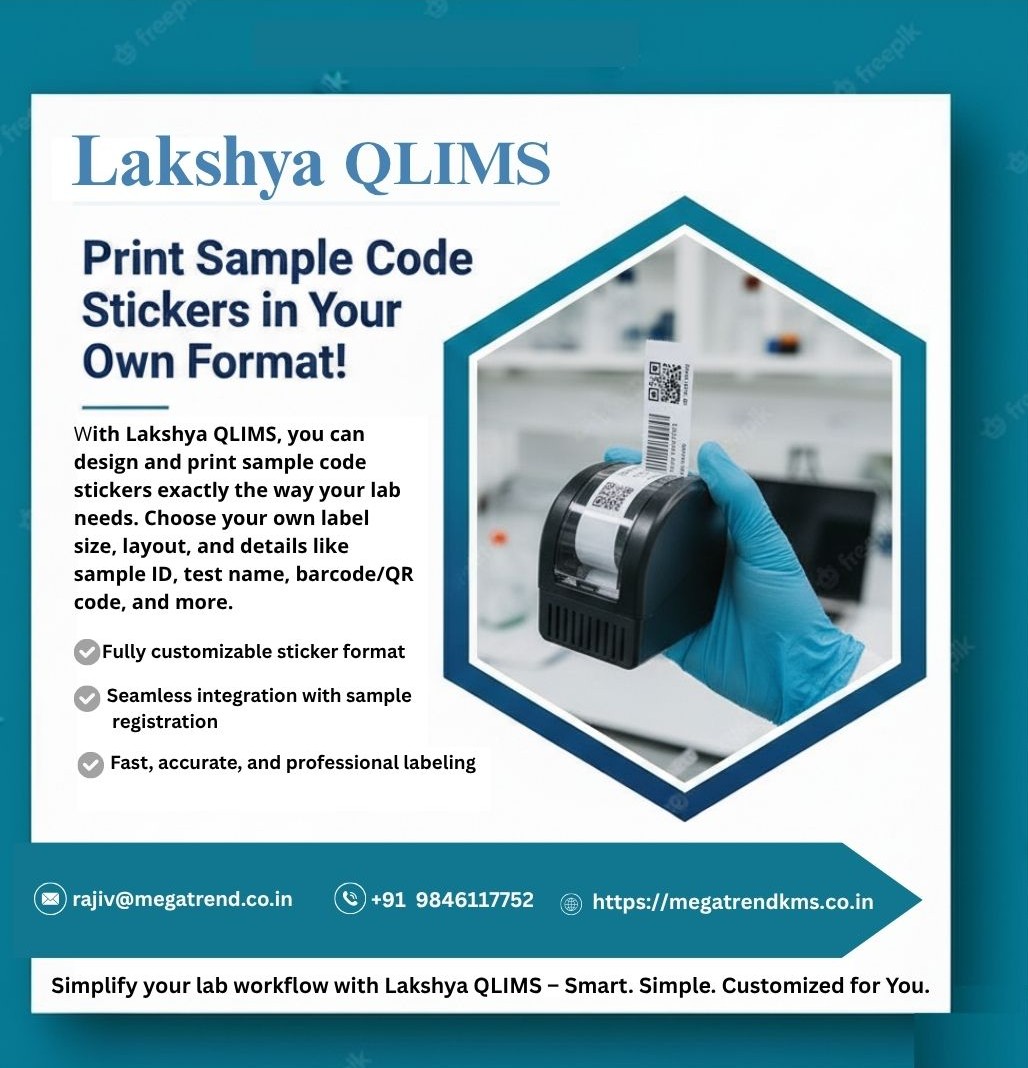 megatrendsystem's tweet image. Simplify lab labeling with Lakshya QLIMS!
🧪 Design &amp;amp; print sample code stickers your way – size, layout, barcode &amp;amp; more.
✅ Customizable format
✅ Seamless integration
✅ Fast &amp;amp; accurate labeling
#LakshyaQLIMS #LIMS #SmartLab #LabAutomation #SampleManagement #HealthcareTech