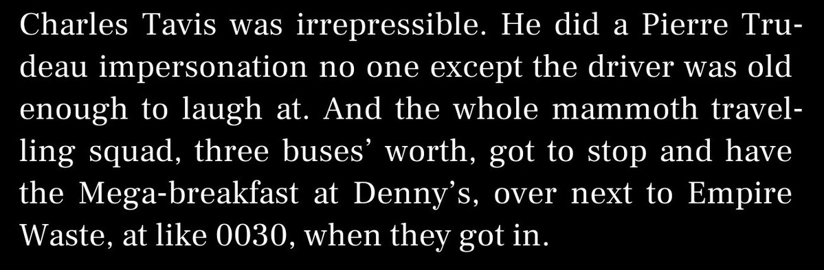 And the whole mammoth traveling squad, three buses' worth, got to stop and have the Mega-breakfast at Denny's.