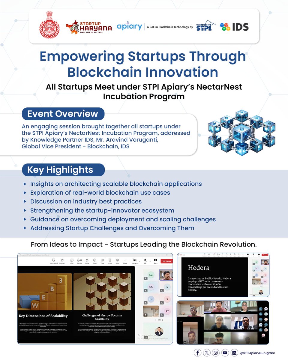 STPI_CoE_Apiary's tweet photo. On 15th October 2025, all startups under STPI Apiary’s NectarNest Incubation Program came together for an insightful interactive session with Mr. Aravind Voruganti, Global Vice President – Blockchain, IDS.

The session focused on:

- Architecting scalable blockchain applications
- Exploring real-world use cases across industries
- Understanding best practices in deployment and security
- Overcoming startup challenges in adoption and scaling
- Strengthening collaboration within the startup-innovator ecosystem
- Leveraging blockchain for transparency, efficiency, and economic impact

It wasn’t just a session — it was a platform for all startups to showcase resilience, creativity, and forward momentum. Startups came together to share learnings, refine strategies, and engage in meaningful dialogues that empower them to scale solutions and advance the vision of a Digital Bharat.

Come and join us to turn your idea into a market-ready solution!