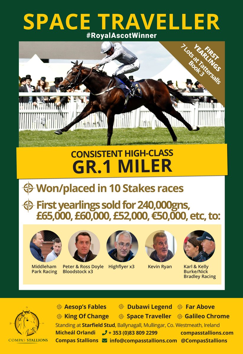 Space Traveller🚀

The consistent high-class miler, is a 3⃣ time Gr.1 performer and a Gr.2 WINNER🌟

His first yearlings have already reached prices of up to 240,000 gns, don't miss his 7⃣ lots selling today and tomorrow at Tattersalls October Yearling Sale Book 3✅

With some of