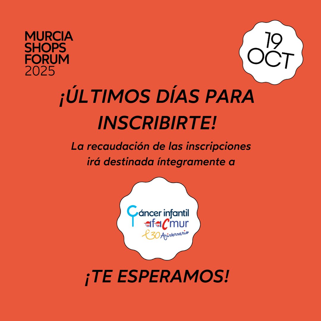 🚨 ¡Últimos días para apuntarte al #MurciaShopsForum2025!
📅 19 octubre 2025
🎤 Ponentes: Samantha Vallejo-Nágera, Miriam Fernández, Alfonso Alcántara y Javier Caravaca
✨ Inspiración, tendencias y talento para el comercio local
💻 Inscríbete ya 👉 camaramurcia.es/cursos/murcia-…