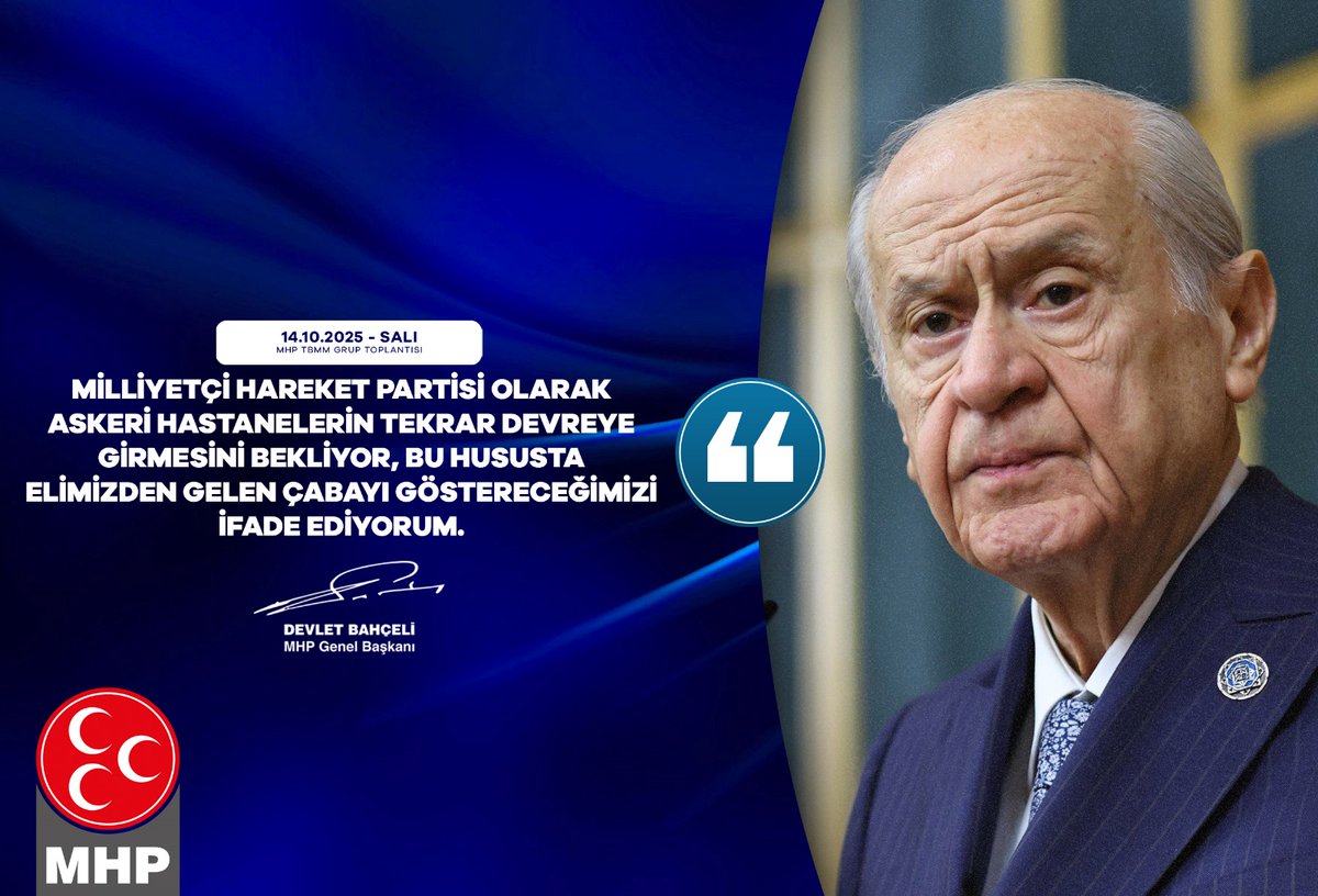 Milliyetçi Hareket Partisi olarak askeri hastanelerin tekrar devreye girmesini bekliyor, bu hususta elimizden gelen çabayı göstereceğimizi ifade ediyorum.

MHP Genel Başkanı
Devlet BAHÇELİ