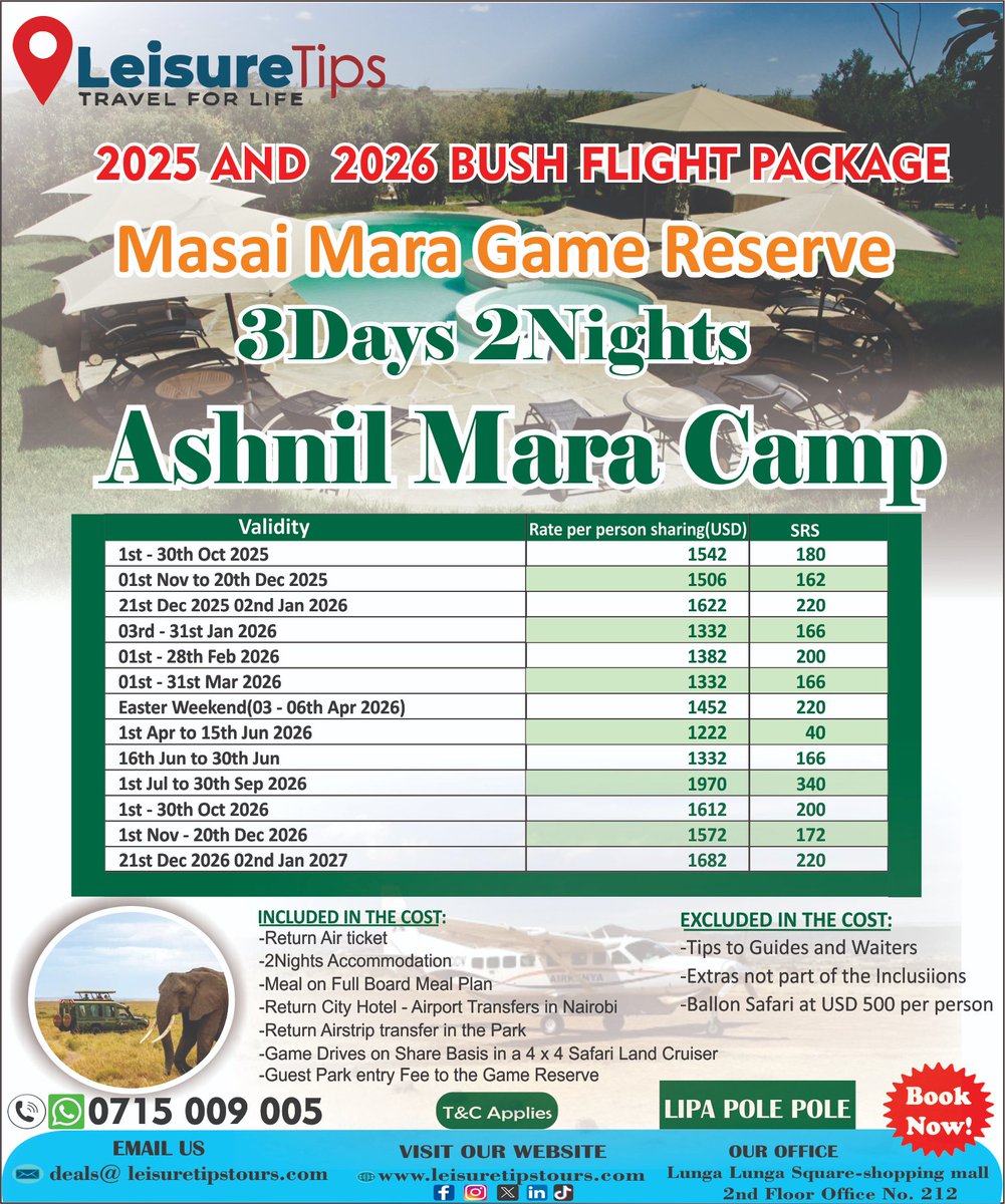 🎯Experience the Wild in Style! ✈️
✨ 2025 &amp; 2026 Bush Flight Package ✨

📍 Masai Mara Game Reserve
🏕️ 3 Days / 2 Nights – Ashnil Mara Camp

Fly straight into the heart of the Masai Mara and enjoy a luxurious safari adventure!
✅ Return air ticket
✅ 2 nights full-board