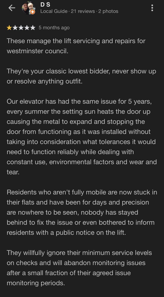 These 👇 are just four negative reviews *of many* for <a href="/LiftPrecision/">Precision Lift Services Ltd</a> who ‘manage’ foot tunnels lifts. Precision is ‘your classic lowest bidder, never show up or resolve anything outfit’. Says it all! 
Sign the petition 
change.org/p/transfer-gre…