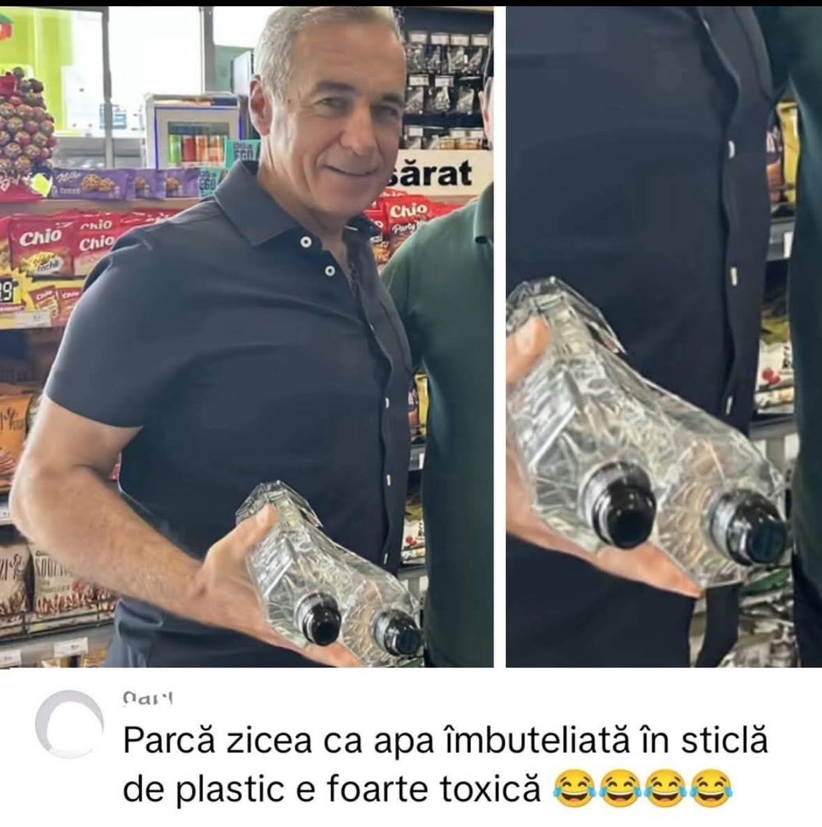 E veche... si totusi mereu actuala... sa nu uiti Darie...
La conferințe: „Nu mai beți apă din plastic, e toxică!” 
La raft: „Două la ofertă, vă rog.”