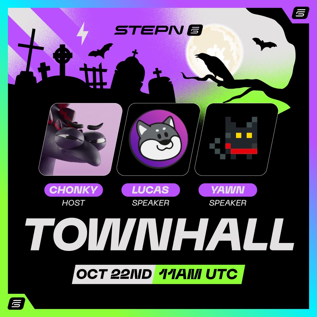 Stepnofficial's tweet image. 🎃 Townhall Time! 

Join us on Oct 22, 11 AM UTC for our monthly STEPN x STEPN GO Townhall! 

Hosted by @lolnooonono, with @yawn_rong &amp;amp; @ClubSTEPNFrance speaking about:
👾 The next STEPN &amp;amp; STEPN GO in-game challenge
🚀 What’s next for STEPN GO
👻 And maybe... a little Halloween…
