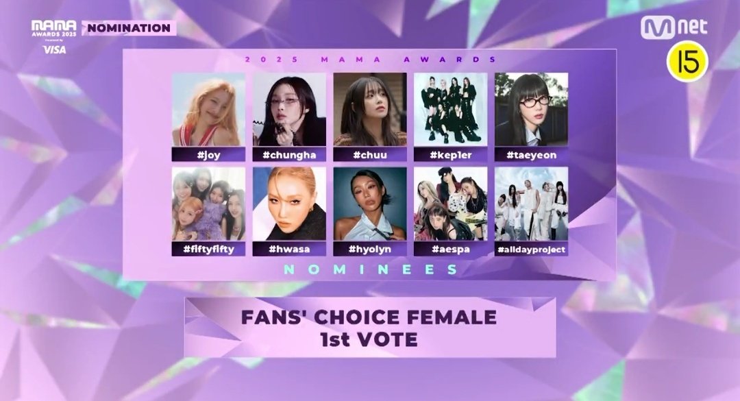 lunaestreIIad0s's tweet image. Hwasa is nominated for MAMA Awards Fans Choice (Female) 

1st round of voting: 2025.10.16 18:00 - 2025.10.26 23:59 (KST)

On X and Mnet Plus app
🔗share.mnetplus.world/2025-mama?miss…

#hwasa #화사