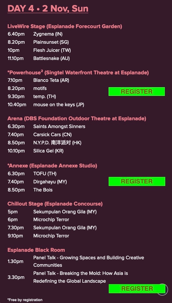 Baybeats 2025 (Singapore’s free alternative music festival on 30 Oct - 2 Nov) 

Schedule in mobile friendly format