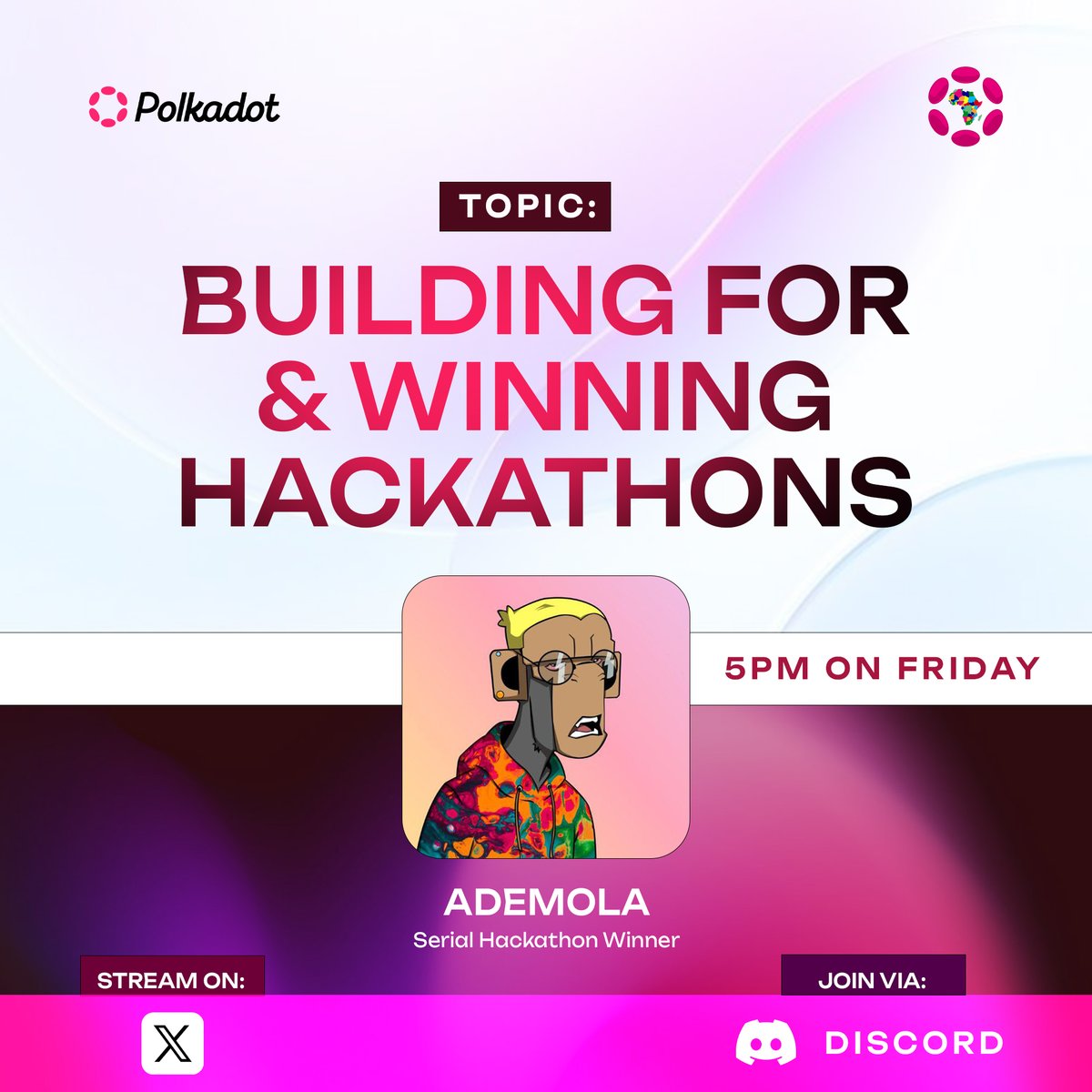 PolkadotAfrica's tweet image. 🏗️ Building for &amp;amp; Winning Hackathons 💡

We’re bringing serial hackathon winner @Ghost_xD2  to share proven tips with builders participating in the Polkadot Global Builder Party Hackathons!

🗓️ Oct 17, 2025 | 5PM WAT
📍 Polkadot Africa Discord — streamed live on X
🔗 Join the…