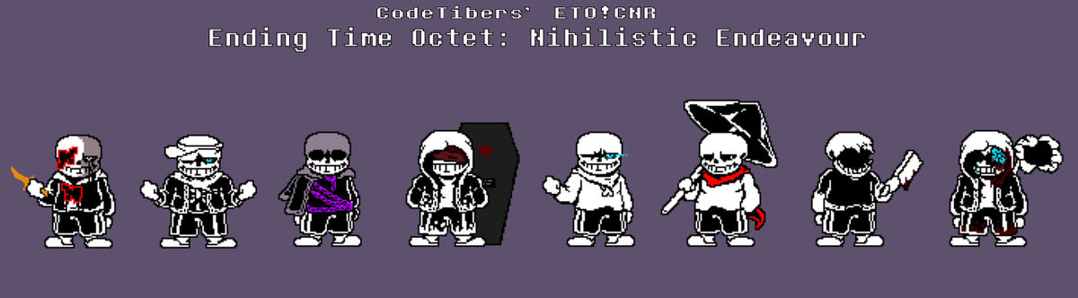 CodeTibers's tweet image. My take ETO Or Neutral route -&amp;gt; ETO

All of the Sanses here are my takes

Something New: Euphoric Fixation
Hardmode: Guilty.
Karma: No good deeds goes unpunished
Dusttale: Dig two graves
Last Breath: Drop dead.
CNR: Moments lost in time
Horrortale: Purgatory
Insanity: In Denial