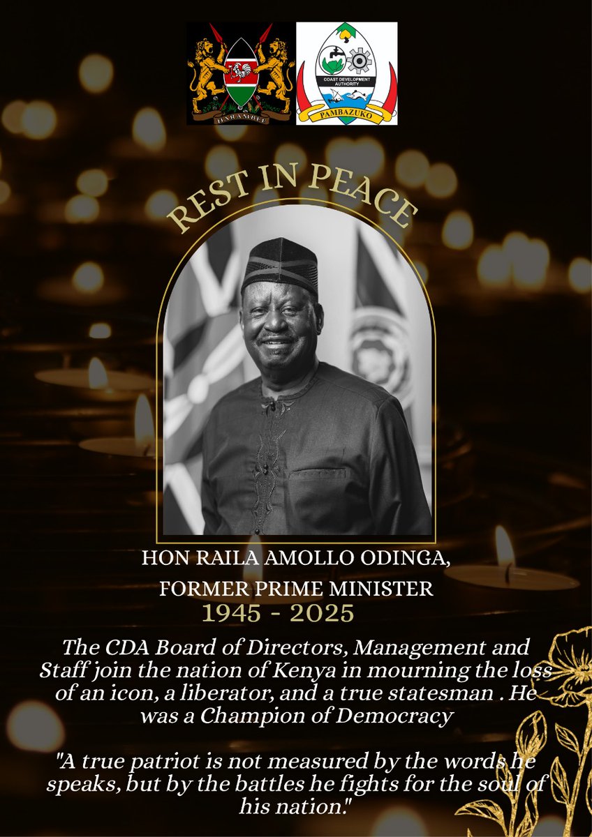CDA sends heartfelt condolences to the family, friends and the people of Kenya as the nation mourns the passing of the late Raila Odinga.
A leader who played a significant role in the country’s political and democratic journey.