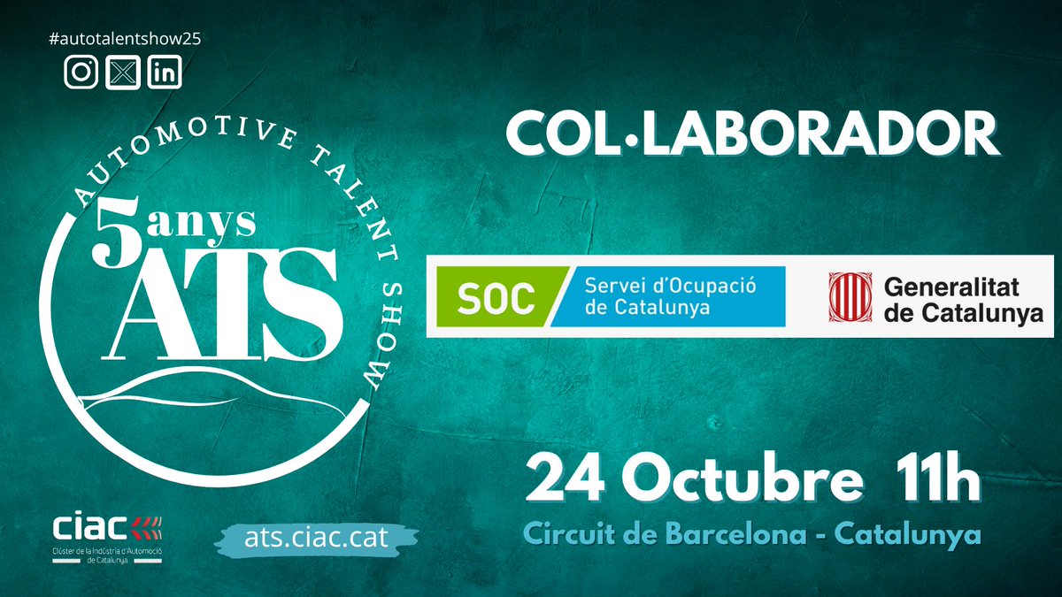🙌 <a href="/ocupaciocat/">Ocupació</a> com a col·laborador de l'#autotalentshow25!

➡️ És l’organisme de la <a href="/gencat/">Generalitat de Catalunya</a> que impulsa les polítiques d’ocupació a Catalunya.

📅 24 Octubre, 11h
🌐 ats.ciac.cat
🔥 GRATIS! ats25.eventbrite.es/?aff=XXSS
