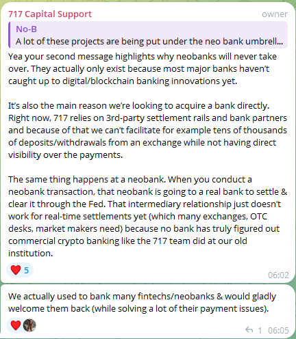 CrAIpto_ZIX's tweet photo. The @717CapitalAI team is frequently dropping alpha in the TG. Basically what you need to know:

- 717 is not hype. Their experience in commercial crypto banking gives them first mover advantage. Everyone will need their services.
- Neobanks are vaporware. 717 is achieving what neobanks fail to do efficiently.
- You need 717k $WIRE. Trust me, you really need it.

Also, the team recently just bought back $60k worth of $WIRE. Not aware of any other project on @base that burned more tokens than 717ai in such a short time (over 6% of total supply purely from buybacks).