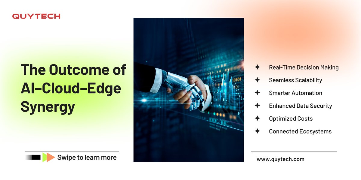 The fusion of #AI, #CloudComputing &amp; #EdgeTech is redefining how smart systems work — bringing scalability, agility &amp; real-time intelligence together. 🚀

At Quytech, we help enterprises build, connected apps.

🔗 quytech.com
#Innovation #DigitalTransformation