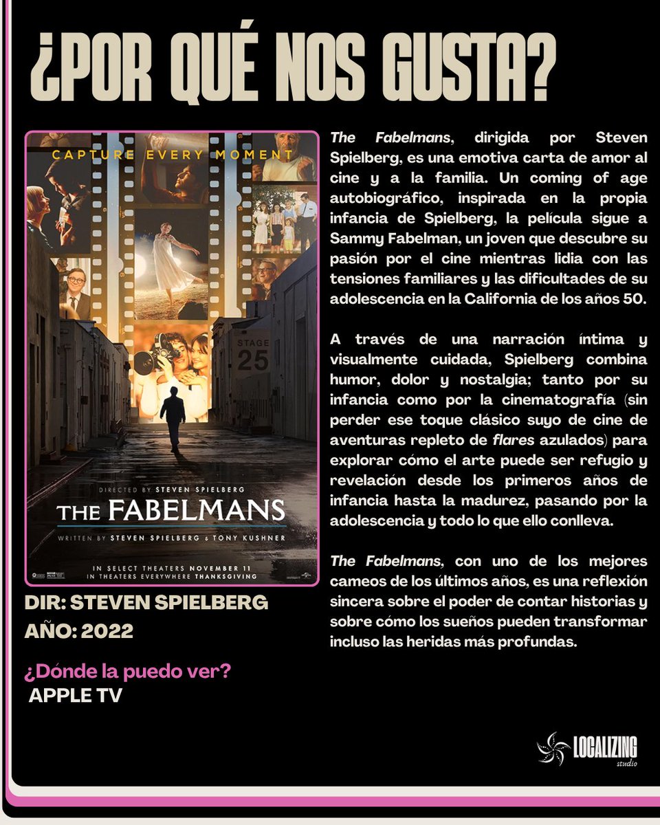 Localizing_St's tweet image. Para nuestro #ViernesDeArte, la recomendación es “The Fabelmans”, la carta de amor de Spielberg al cine y a la familia.
Una historia sobre cómo la pasión por contar historias nos ayuda a entender el mundo y a sanar heridas. Imperdible.
🎬 Disponible en @AppleTV
