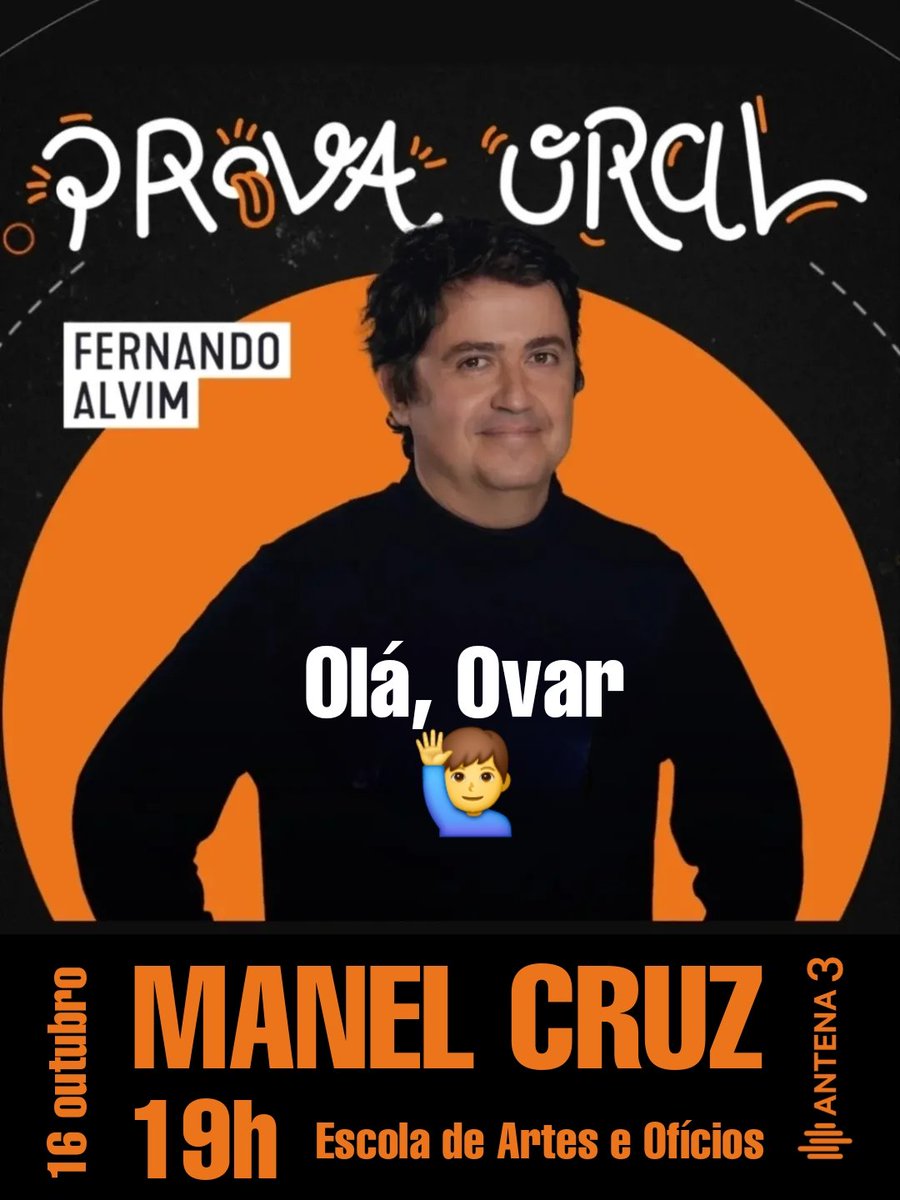 fernandoalvim's tweet photo. A Prova Oral de hoje sai do estúdio directamente para o palco do Ovar Expande. Venham assistir a esta emissão que promete ser histórica (sempre que o Manel Cruz vem à Prova Oral é uma emissão histórica 😁)

🗓️ 16 outubro 
🕖 19h
📍 Escola de Artes e Ofícios - Ovar

ℹ️ A 6.ª edição do Ovar Expande decorre de 14 a 18 de outubro e renova o seu compromisso com a criação artística, a participação local e a descoberta de novas linguagens, com apoio Antena 3.

Este ano, o festival celebra o universo dos cantautores, criadores que transformam histórias em música, promovendo a partilha, a proximidade e a autenticidade.

Ao longo de cinco dias, Ovar recebe concertos intimistas, ações de formação, conversas com artistas e uma residência artística liderada por Bia Maria. Manel Cruz, The Legendary Tigerman (trio), Afonso Cabral, Bia Maria, Ela Li, Mazela, IBSXJAUR e Lana Gasparotti são alguns dos nomes que sobem ao palco.

A formação estará a cargo de Luca Argel e Carlos Tê, com masterclasses dedicadas à escrita e composição.

As “Conversas Expande” aproximam ainda mais artistas e público, e incluem momentos como a emissão especial do programa Prova Oral, em direto da Antena 3 com Manel Cruz e Mazela, no dia 16. A Escola de Artes e Ofícios de Ovar volta a afirmar-se como núcleo criativo e formativo, incentivando novos talentos e a valorização do saber local.