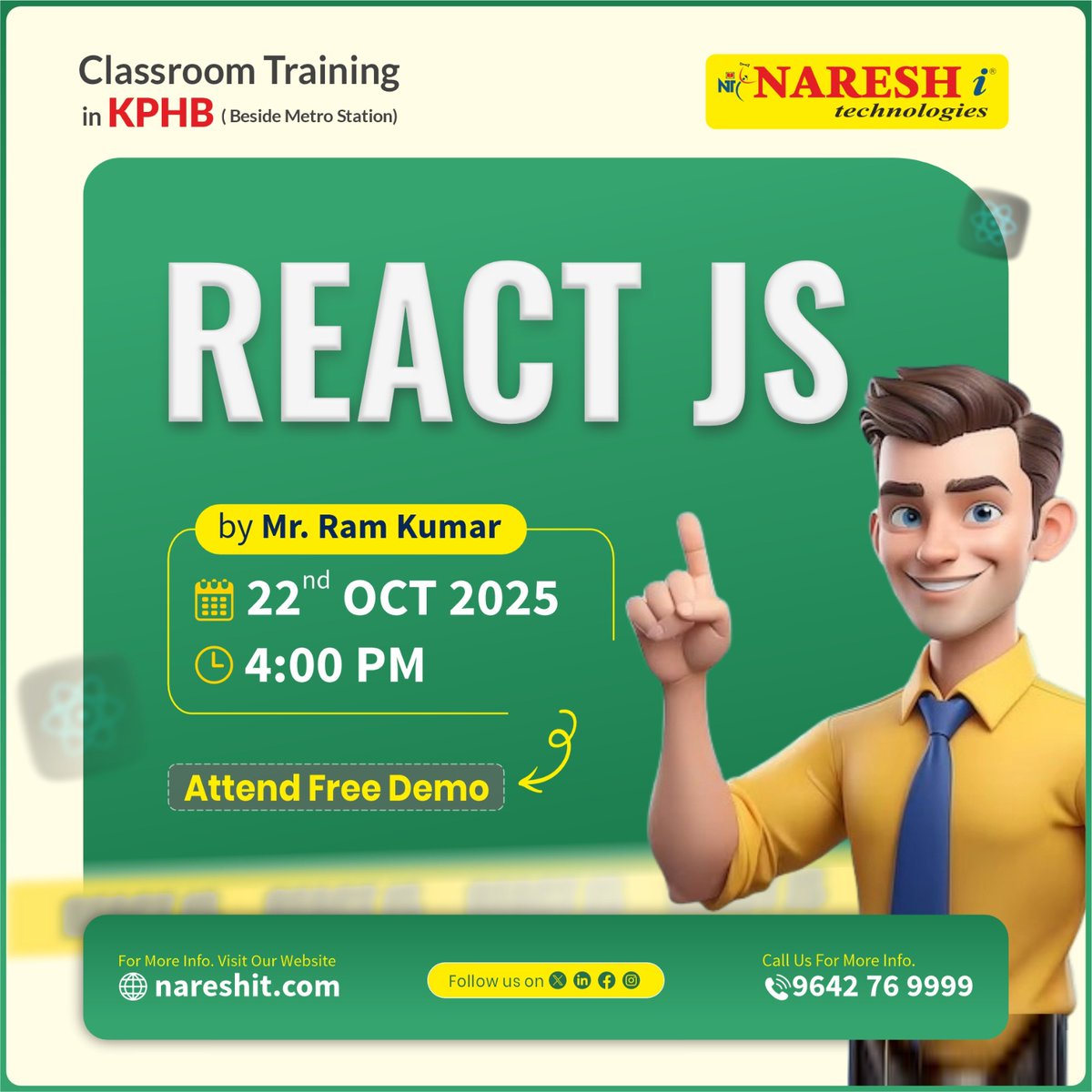 nareshitech's tweet image. Master React JS — The Future of Frontend Development!
👉Register Now: bit.ly/nareshitkphb
👨🏫 Trainer: Mr. Ram Kumar
📅 Date: 22nd Oct 2025 @ 4:00 PM (IST)
#ReactJS #React19 #FrontendTraining #WebDevelopment #FullStackDeveloper #ReactHooks #NareshIT #JavaScriptTraining