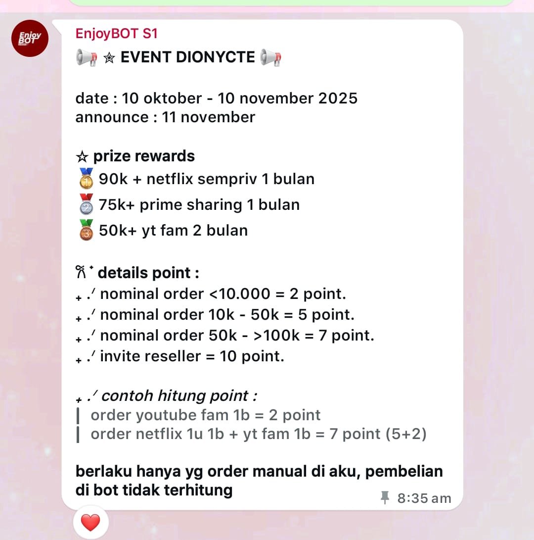 hi aku lg open reseller ada bot auto order juga jadi bisa jualan 24 jam 😋 lg ada event reseller yukkk yg maw intip pl bisa dm atau sung chat ke wa.me/6283862526733 

#zonauang