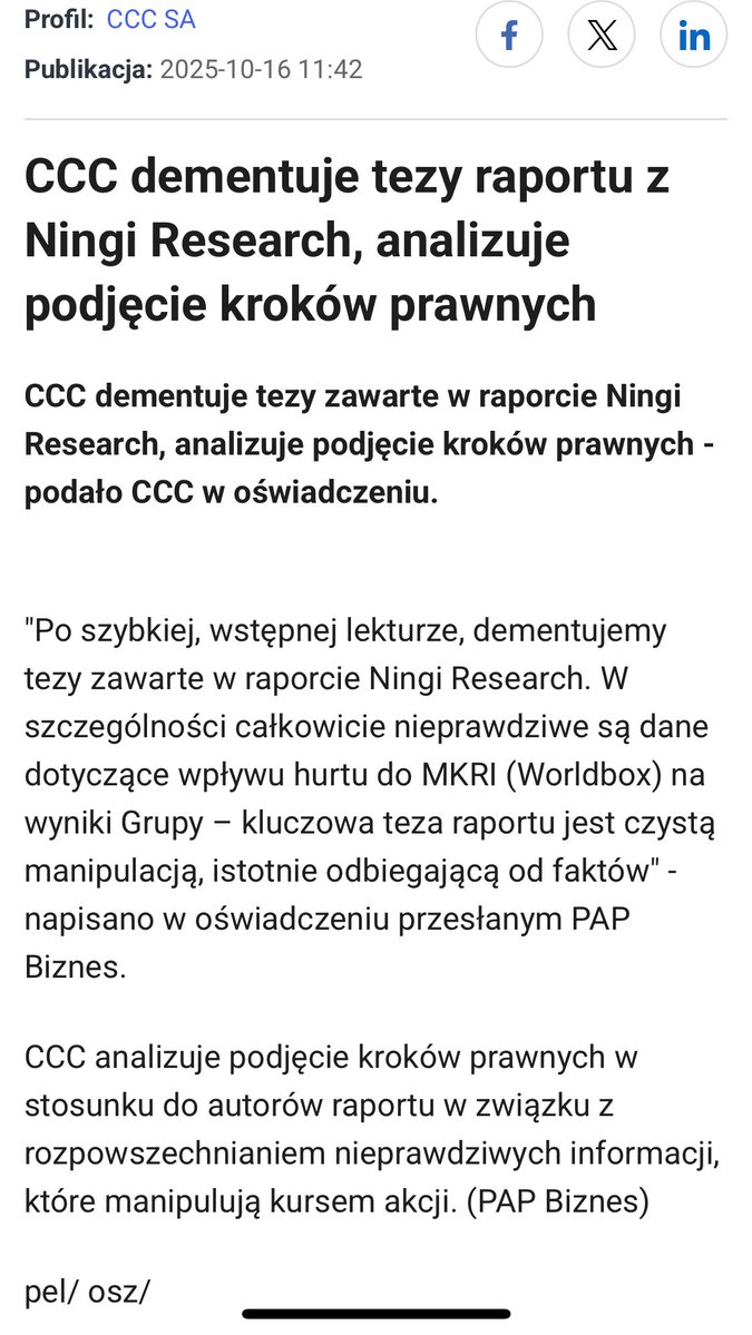 Rafał M (@raf_mich96) on Twitter photo #CCC
Szybka reakcja grupy CCC na wyniki śledztwa <a href="/NingiResearch/">NINGI RESEARCH</a>.
Jak można się było spodziewać zdementowano tezy z przedstawionego raportu. Oświadczenie dość lakoniczne.
Warto obserwować rejestr krótkiej sprzedaży teraz w ciągu następnych dni rejestr krótkiej sprzedaży pod #CCC
Szybka reakcja grupy CCC na wyniki śledztwa <a href="/NingiResearch/">NINGI RESEARCH</a>.
Jak można się było spodziewać zdementowano tezy z przedstawionego raportu. Oświadczenie dość lakoniczne.
Warto obserwować rejestr krótkiej sprzedaży teraz w ciągu następnych dni rejestr krótkiej sprzedaży pod