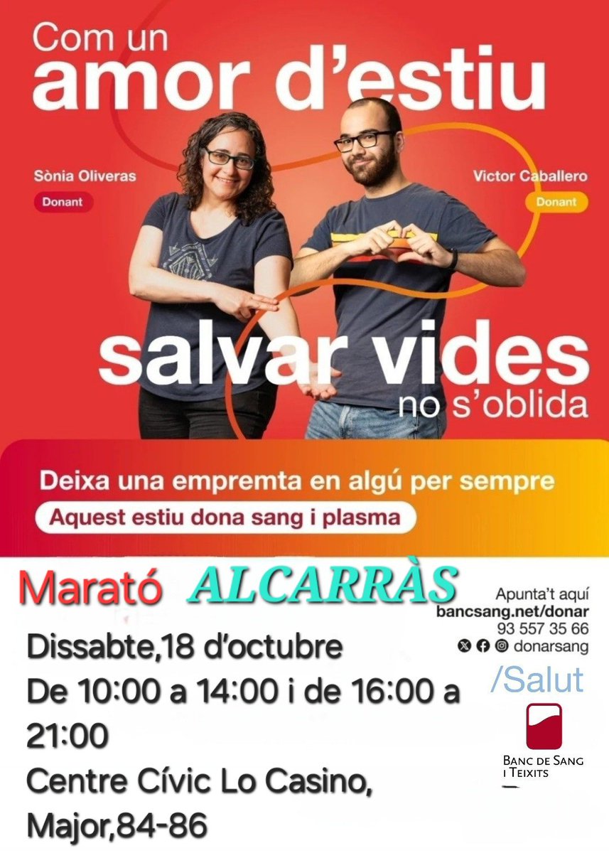 #Alcarràs
Dissabte,18 d’octubre
De 10:00 a 14:00 i de 16:00 a 21:00
Centre Cívic Lo Casino,Major,84-86
@donants_urgell @Donants_segarra <a href="/hospitalclinic/">Hospital Clínic</a> <a href="/COMBarcelona/">Col·legi Metges BCN</a> @FCDS <a href="/COMLLEIDA/">Col·legi de Metges de Lleida</a> <a href="/morenin69/">Morenin69 Alcarràs</a> <a href="/semgencat/">SEM. Generalitat</a> <a href="/dsangPLAdURGELL/">donantssang_plaurgell</a> <a href="/donants_segria/">Donants Sang Segria</a> <a href="/donarsang/">Banc de Sang</a> <a href="/Bancdesang/">BANCESANGSALLEBCNETA</a> @Salutcat